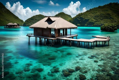 The overwater bungalow, standing alone on stilts, reflecting its serene image on the tranquil, glassy waters, a serene retreat from the world.