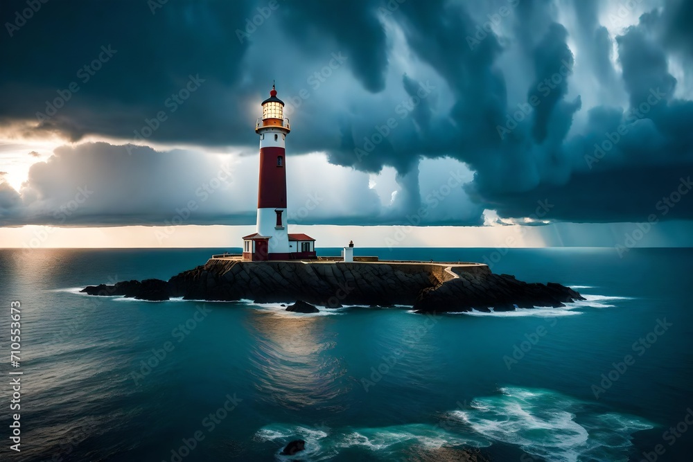 A lighthouse standing tall against a dramatic sky, casting its beacon over the expansive ocean.