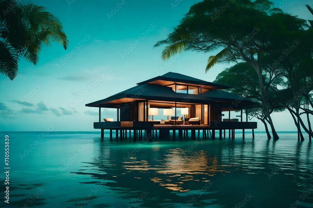 The overwater bungalow, nestled on stilts, mirrors itself perfectly on the serene, undisturbed ocean, creating an ethereal spectacle of serenity and tranquility.