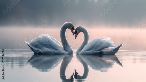 Love on the Lake: Swans in a Heart-Shaped Embrace on Serene Waters, Symbolizing Romance and Grace in Nature's Ballet