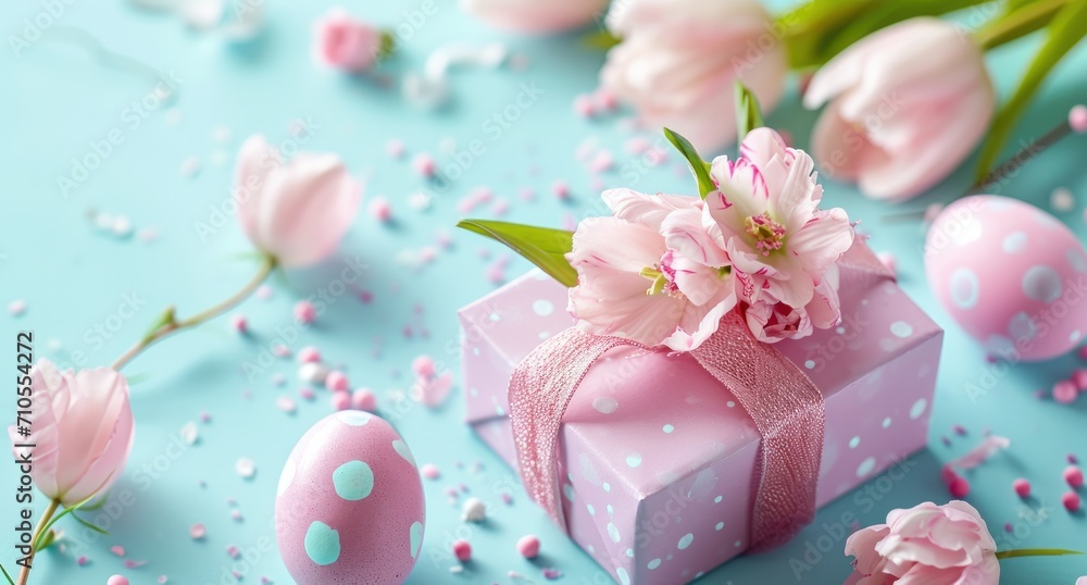 A sophisticated dotted pink gift box adorned with pink tulips against a calming blue background
