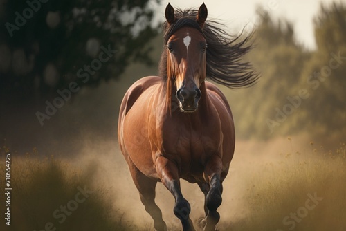 Majestic Equine Grace: Horse Grazing in Expansive Field. Serene Pastoral Scene © Raccoon Stock AI