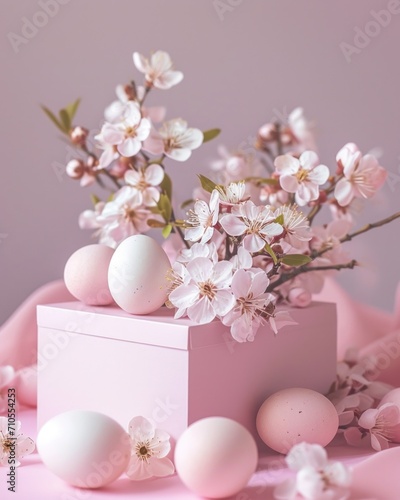 Beautifully styled pastel pink gift box with easter eggs and cherry blossoms on a pink surface