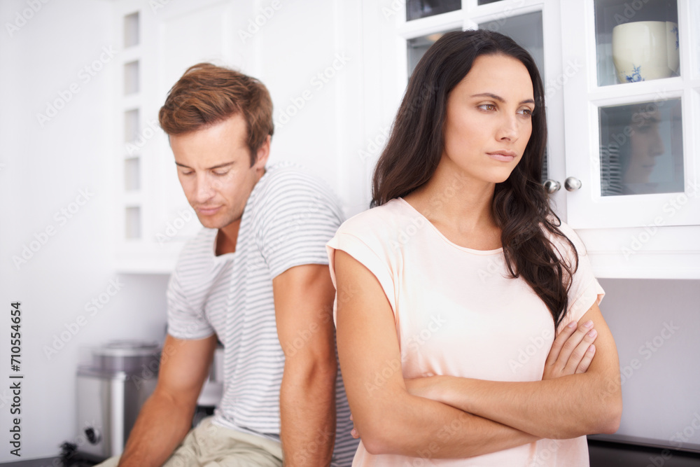 Couple, fight and angry with conflict or drama in life, mistake or marriage fail with anxiety and stress at home. Frustrated people arguing in kitchen, cheating problem or crisis with risk of divorce Couple, fight and angry with conflict or drama in life, mistake or marriage fail with anxiety and stress at home. Frustrated people arguing in kitchen, cheating problem or crisis with risk of divorce