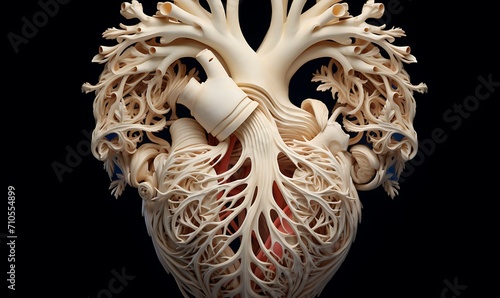 Detailed bone carving of a human heart, 3D digital art. Generative Ai