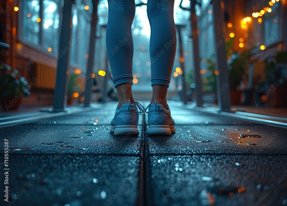 Fototapeta premium person with text start 2020 on machine in gym, rug, endurance art, jump cuts, simple and elegant style, high-angle