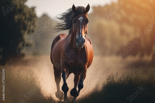 Majestic Equine Grace  Horse Grazing in Expansive Field. Serene Pastoral Scene