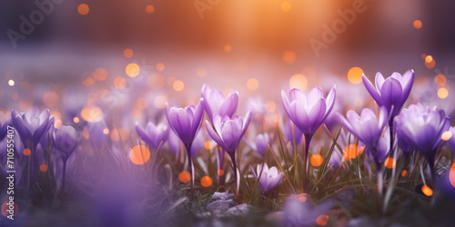 soft focus tulip flowers with bokeh glow light, beautiful wildflower blossom field landscape