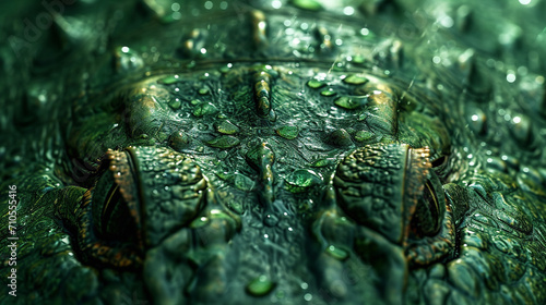 A macro shot of crocodile skin with water droplets, accentuating the details in vibrant green tones.