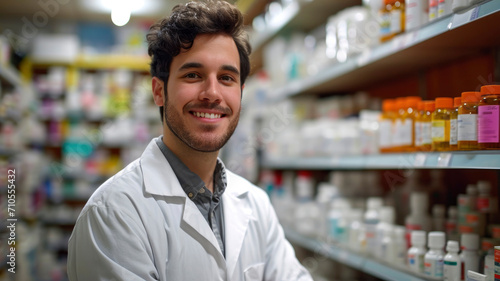 smiling handsome young male pharmacist portrait in pharmacy photo