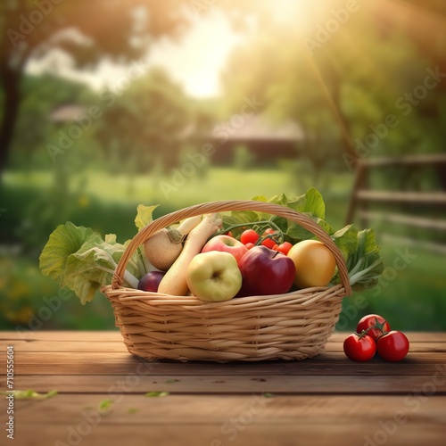Vegetables in Basket on Wooden Table with Greenery