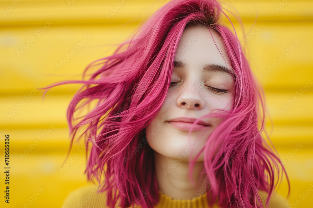 Closeup of happy attractive young woman with long wavy red hair wears stylish t shirt looks happy and smiling isolated over purple background. Closeup of happy attractive young woman with long wavy red hair wears stylish t shirt looks happy and smiling isolated over purple background.