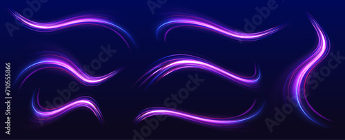 Lines in the shape of a comet against a dark background. Illustration of high speed concept. Curved light trail stretched upward. Vector Illustration.	