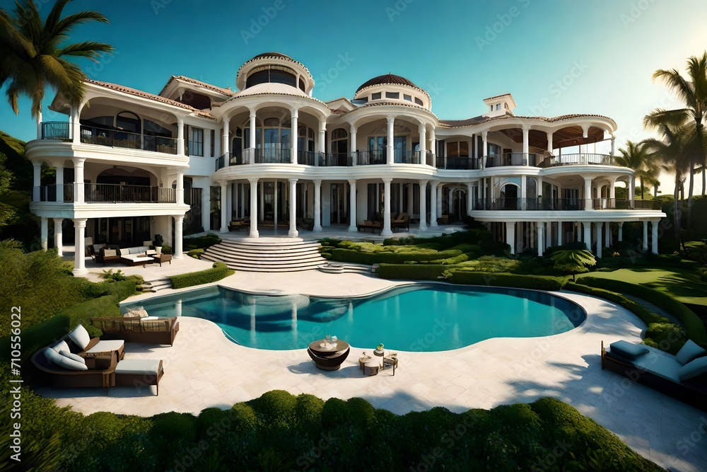 A luxurious oceanfront estate with manicured lawns, featuring a sprawling veranda offering breathtaking views of the serene coastal panorama.
