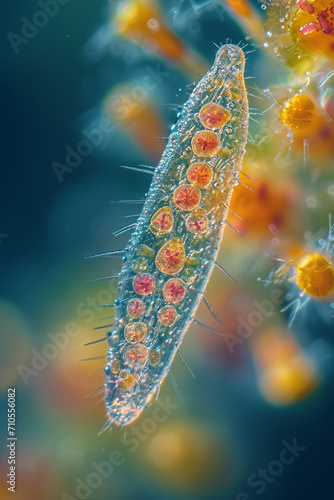 Paramecium caudatum swimming among plant debris under a microscope.