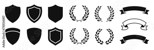 Shield, Laurel wreath, Ribbon icon set. Logo elements: ribbons, shield, laurel chaplet set. Vector photo