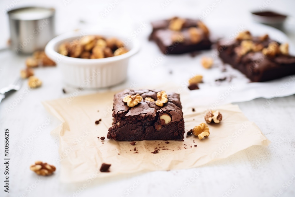 dark chocolate brownies with walnuts on a parchment paper dark chocolate brownies with walnuts on a parchment paper