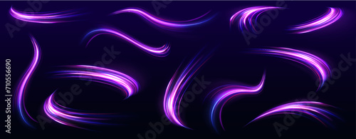 Creative vector illustration of flying cosmic meteor, planetoid, comet, fireball isolated on transparent background. Futuristic neon light effect. Speed of light concept background. 