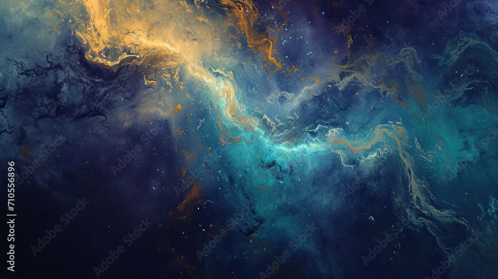 Celestial Symphony: An abstract interpretation of the cosmos with swirling nebulae and cosmic dust in celestial colors like midnight blue and celestial gold