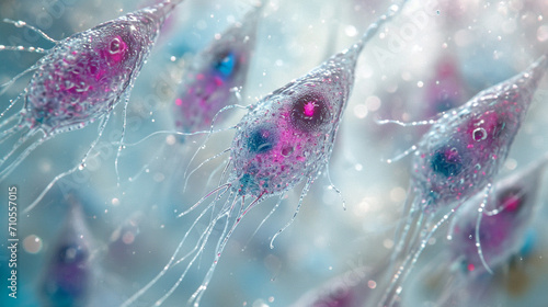Giardia lamblia trophozoites attached to a surface, under a microscope. photo