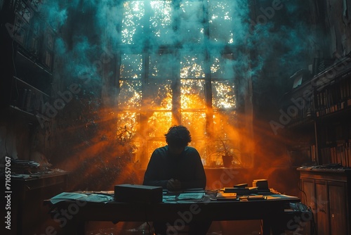 silhouettes of a sad man sitting up at his desk, romantic atmosphere, mysterious backdrops, luminous scenes, cinestill 50d photo