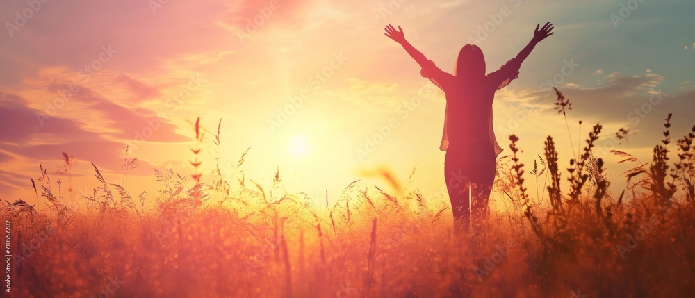 A Silhouette Of A Healthy Woman Raising Her Hands Against Sunset 