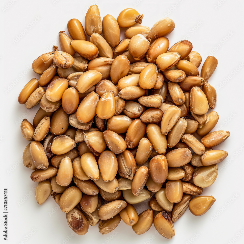 pine nuts, close up. White isolated background. pine nuts, close up. White isolated background.
