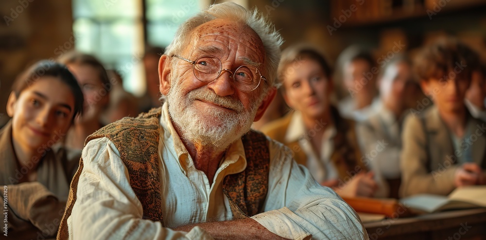 smiling elderly teacher in class with people, in the style of photo-realistic landscapes, vintage-inspired, warmcore, photobash, handsome, photo taken with provia, reductionist form smiling elderly teacher in class with people, in the style of photo-realistic landscapes, vintage-inspired, warmcore, photobash, handsome, photo taken with provia, reductionist form