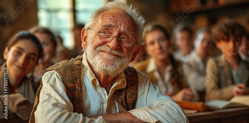 smiling elderly teacher in class with people, in the style of photo-realistic landscapes, vintage-inspired, warmcore, photobash, handsome, photo taken with provia, reductionist form photo