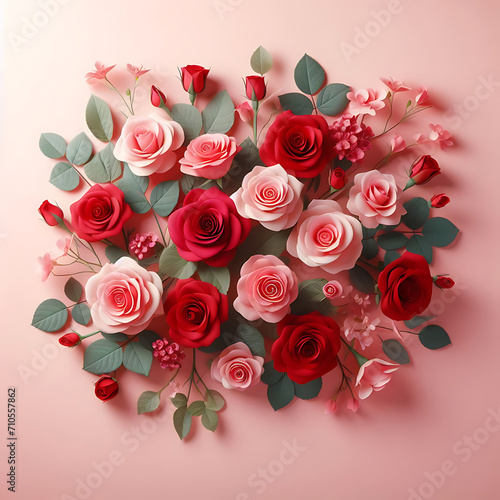 Elevate the sentiment of love and celebration with this enchanting image featuring a bouquet of red and pink roses set against a light pink background. The delicate blossoms create a visually appealin photo