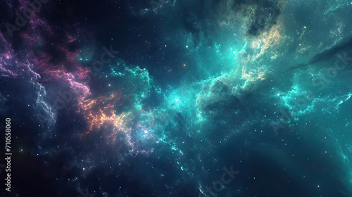 Nebula Nexus with Celestial Beings: A convergence of cosmic clouds and celestial bodies in nebulaic shades of teal and violet, featuring celestial beings or portraits of people photo