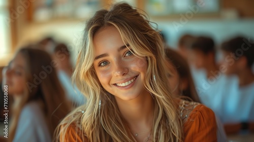 smiling teacher in a classroom with students, in the style of soft femininity, high quality, photo-realistic, multiple styles, sharp focus, algeapunk photo