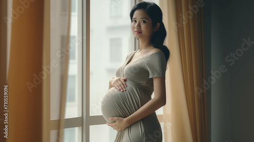 Asian pregnant woman rubbing her belly in the house.