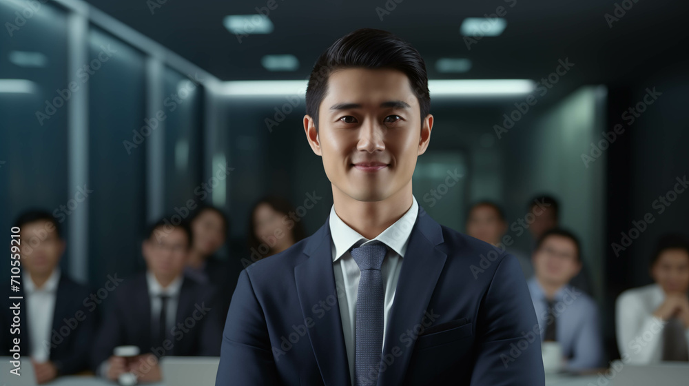A young Asian businessman is posing confidently in a conference room. A young Asian businessman is posing confidently in a conference room.