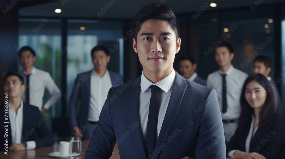 A young Asian businessman is posing confidently in a conference room.