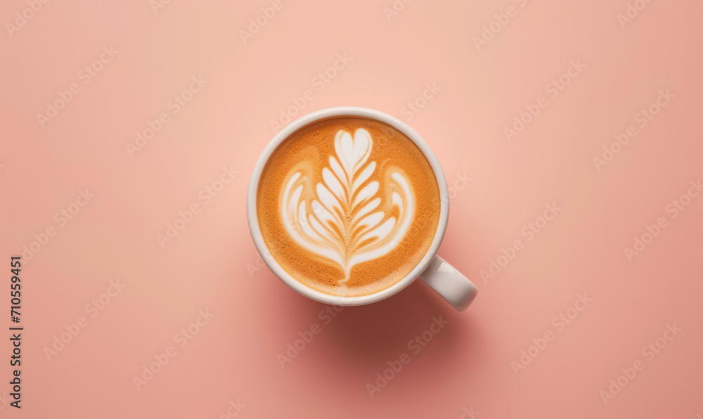 latte art coffee in white cup, top view on pastel pink background with copy space - obrazy, fototapety, plakaty 