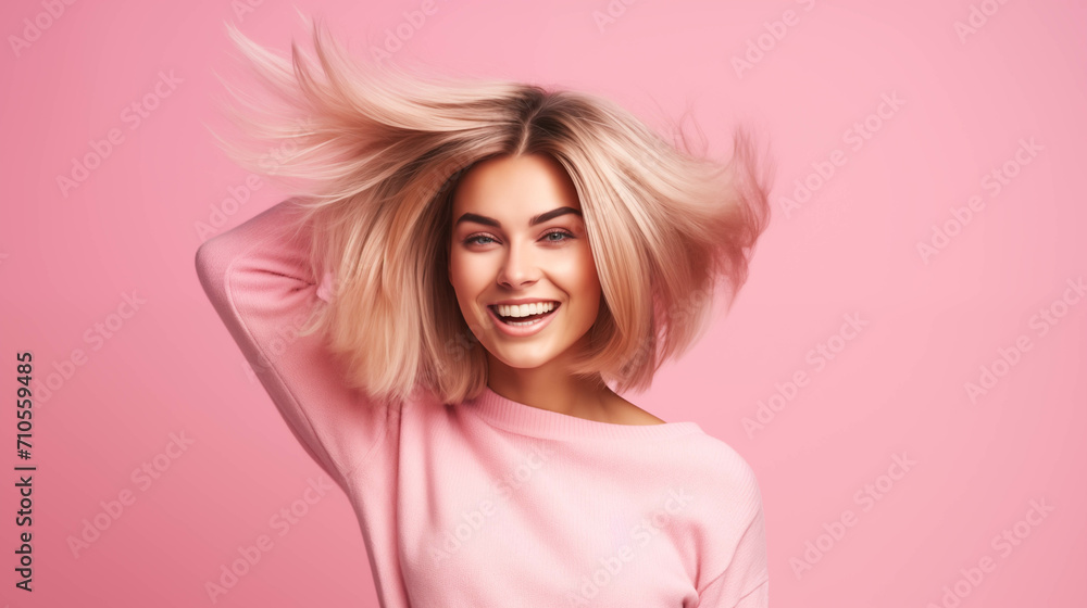 Caucasian woman wearing a sweater on a pink background. Caucasian woman wearing a sweater on a pink background.
