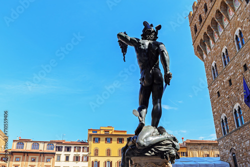 Bronze figure of Perseus by Benvenuto Cellini with the head of Medusa in the Italian Loggia of Lanzi in Florence photo