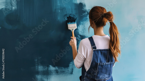 A young woman paints a wall with a paint roller. Portrait of a beautiful woman painting a wall with blue paint in an apartment. Repair concept. photo