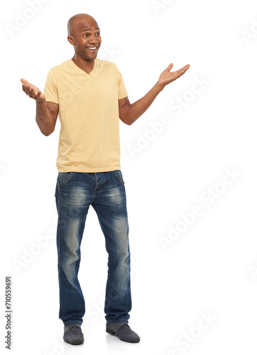 Casual, shrug and thinking with black man, smile and model isolated on white studio background. African person, mockup space and guy with expression, decision and choice with doubt, why and questions photo