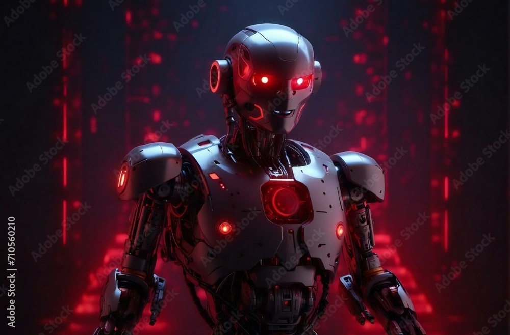 Medium AI robot with red hologram background in dark sound