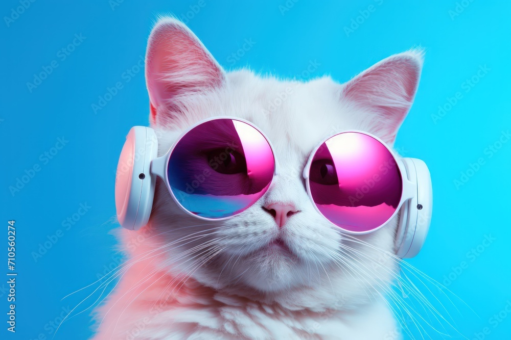 Cat in sunglasses and pink and blue with headphones. Generate AI image