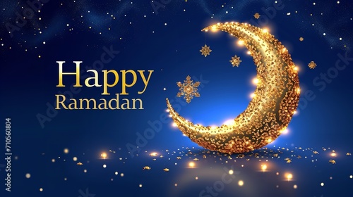 Happy Ramadan banner in a ornamental green backdrop with a moon and confetti, Generative AI.