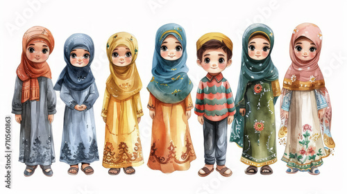 watercolor painting style illustration of Muslim kids in traditional clothes. Happy little Islamic children national outfit. cartoon collections set, Generative Ai