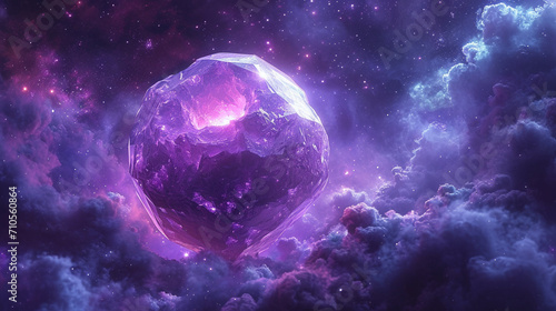 An icosahedron planet with pulsating purple LEDs in a nebula cloud. photo