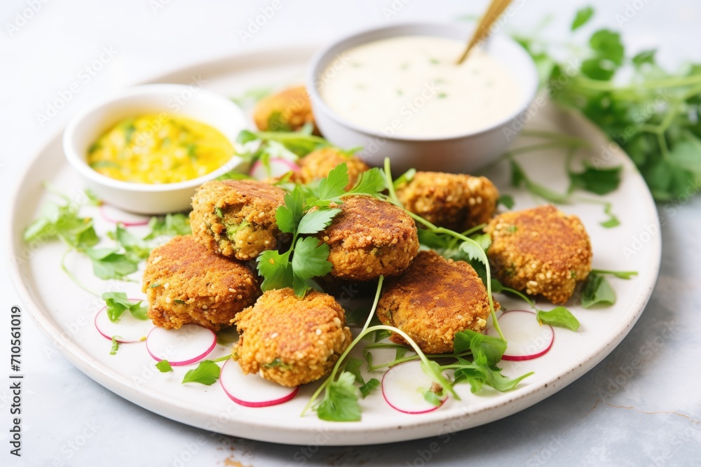 golden-brown falafels on a white plate with tahini sauce golden-brown falafels on a white plate with tahini sauce