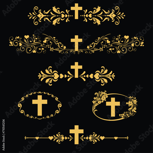 Cross icons set. Obituary notice - art deco frames with cross. Collection of gold Christian Symbol design elements isolated on black background. Church and pray, religion and resurrection. Vector