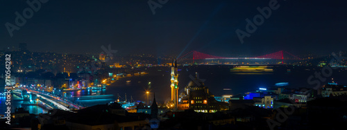 Night Istanbul view, Bosphorus Bridge (15 July Martyrs Bridge), Eminönü district sea view and new mosque photo