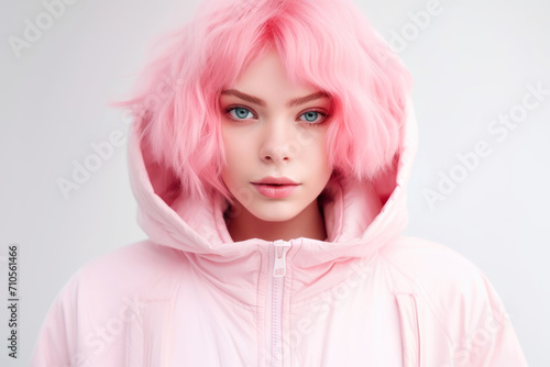 Portrait of a beautiful young woman with curly pink hair in a pink down jacket