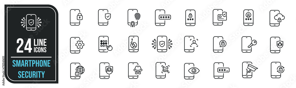 Smartphone security minimal thin line icons. Related protection, anti virus, password, lock. Editable stroke. Vector illustration. Smartphone security minimal thin line icons. Related protection, anti virus, password, lock. Editable stroke. Vector illustration.